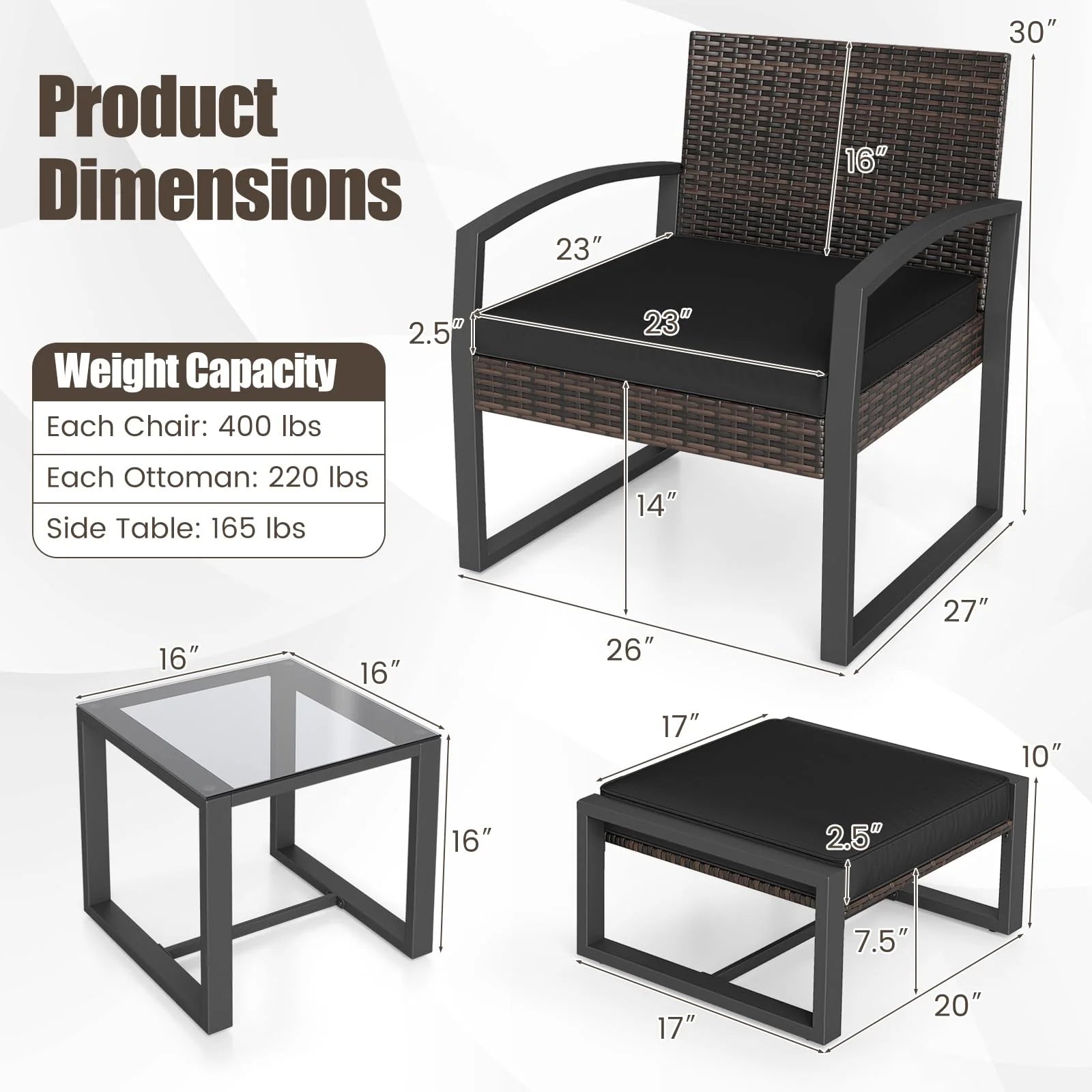 Tangkula 5 Pieces Wicker Patio Conversation Set 2-Person Small Balcony Furniture Seating Set