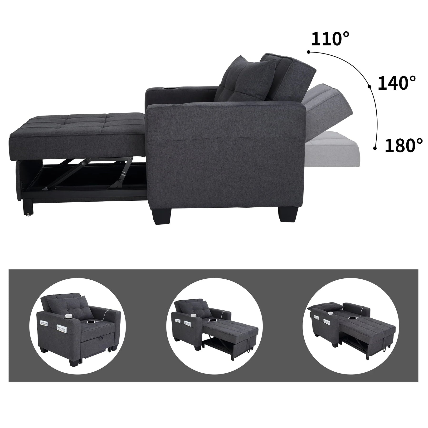 DURASPACE 3 in 1 Convertible Sleeper Chair Bed with Usb Port, Linen Pull Out Chair Indoor, Dark Gray