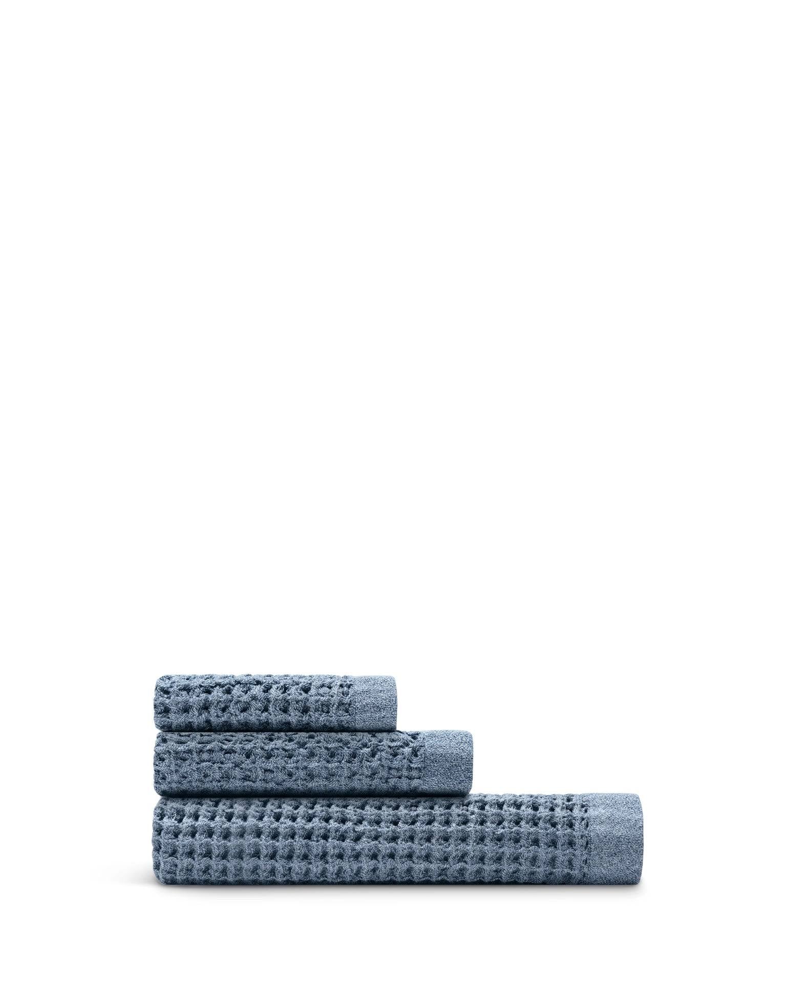 Onsen 3-Piece Waffle Cotton Bath Towel, Hand Towel & Washcloth Set Denim
