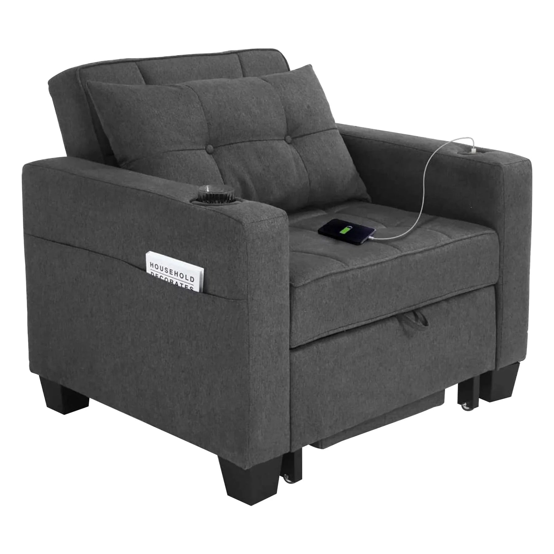 DURASPACE 3 in 1 Convertible Sleeper Chair Bed with Usb Port, Linen Pull Out Chair Indoor, Dark Gray