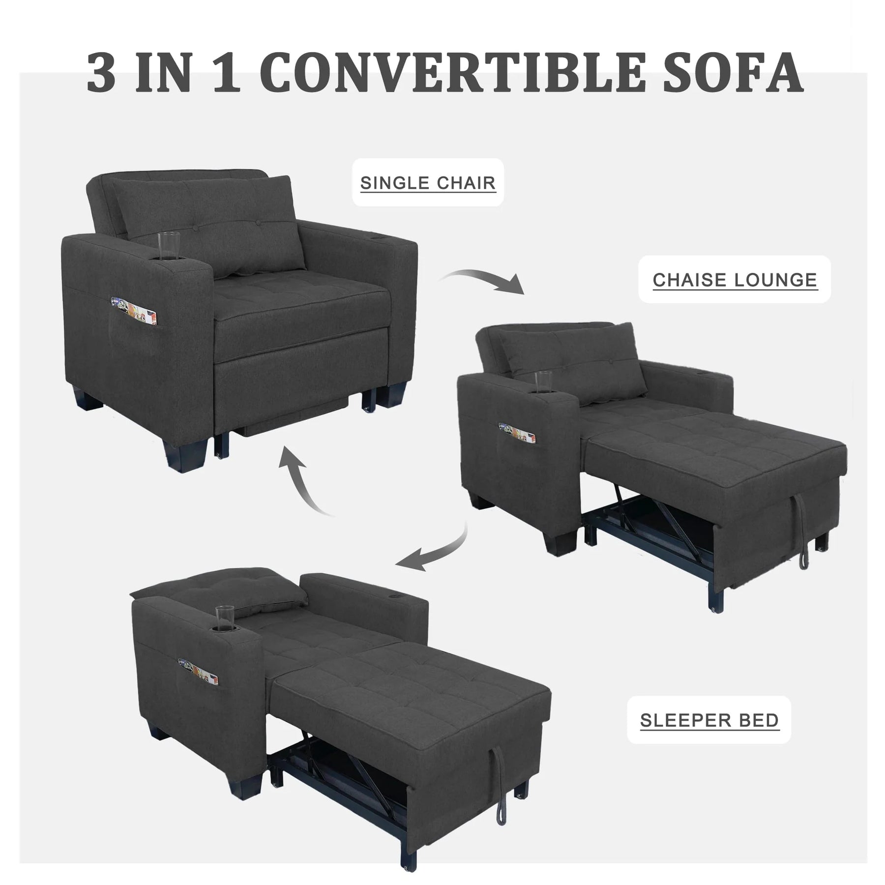 DURASPACE 3 in 1 Convertible Sleeper Chair Bed with Usb Port, Linen Pull Out Chair Indoor, Dark Gray