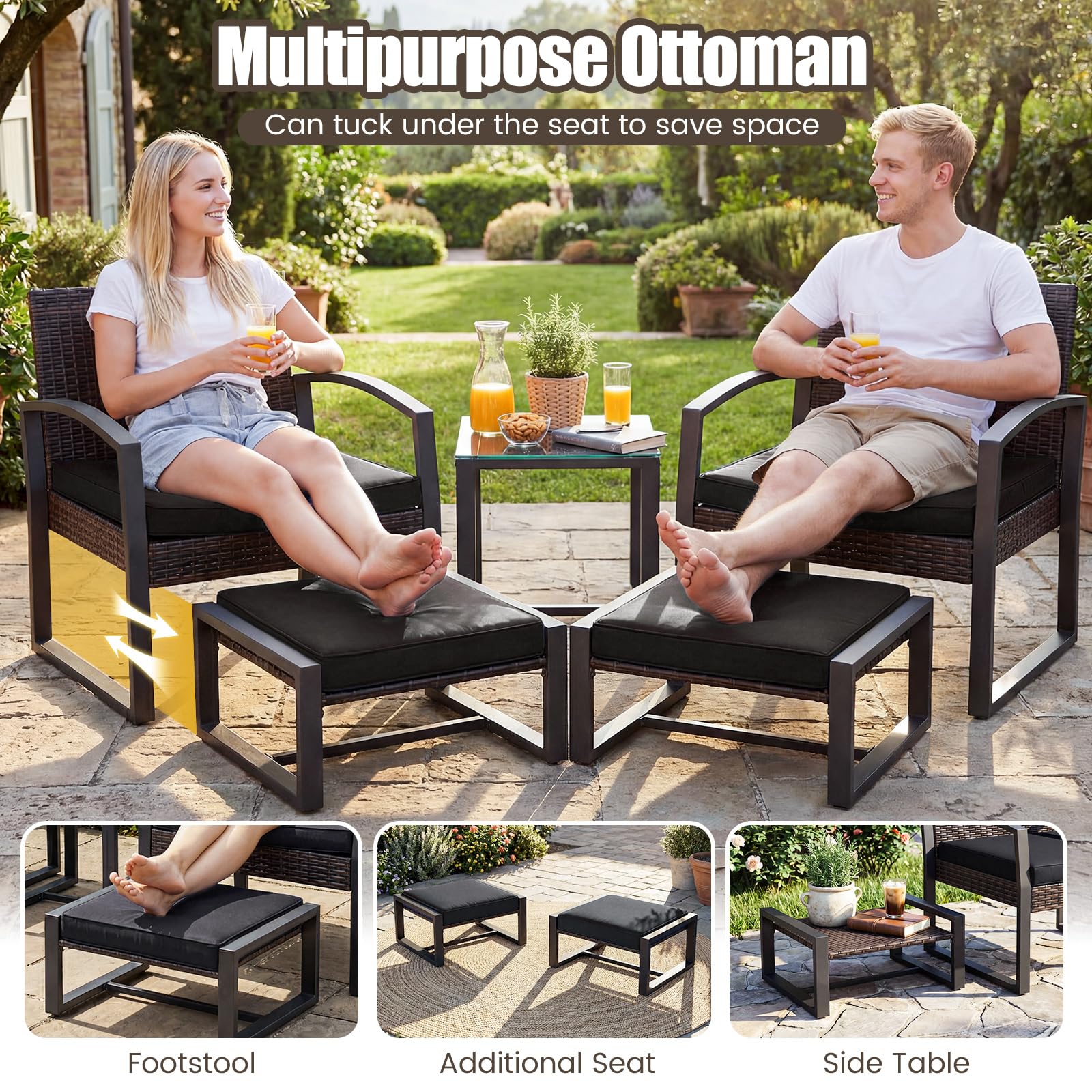Tangkula 5 Pieces Wicker Patio Conversation Set 2-Person Small Balcony Furniture Seating Set