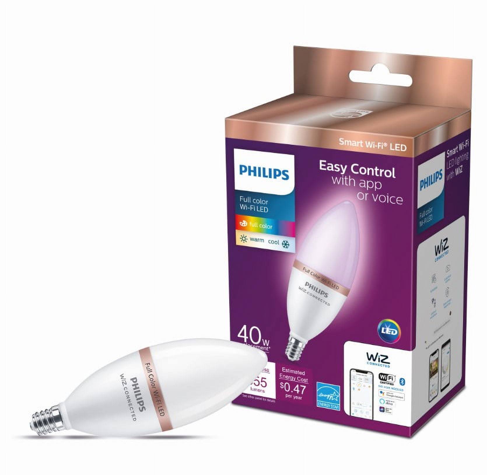 Philips 562454 Smart Wi-Fi Connected LED 40-Watt B12 Candle Light Bulb, Frosted Color Dimmable, E12 Candelabra Base (1-Pack)