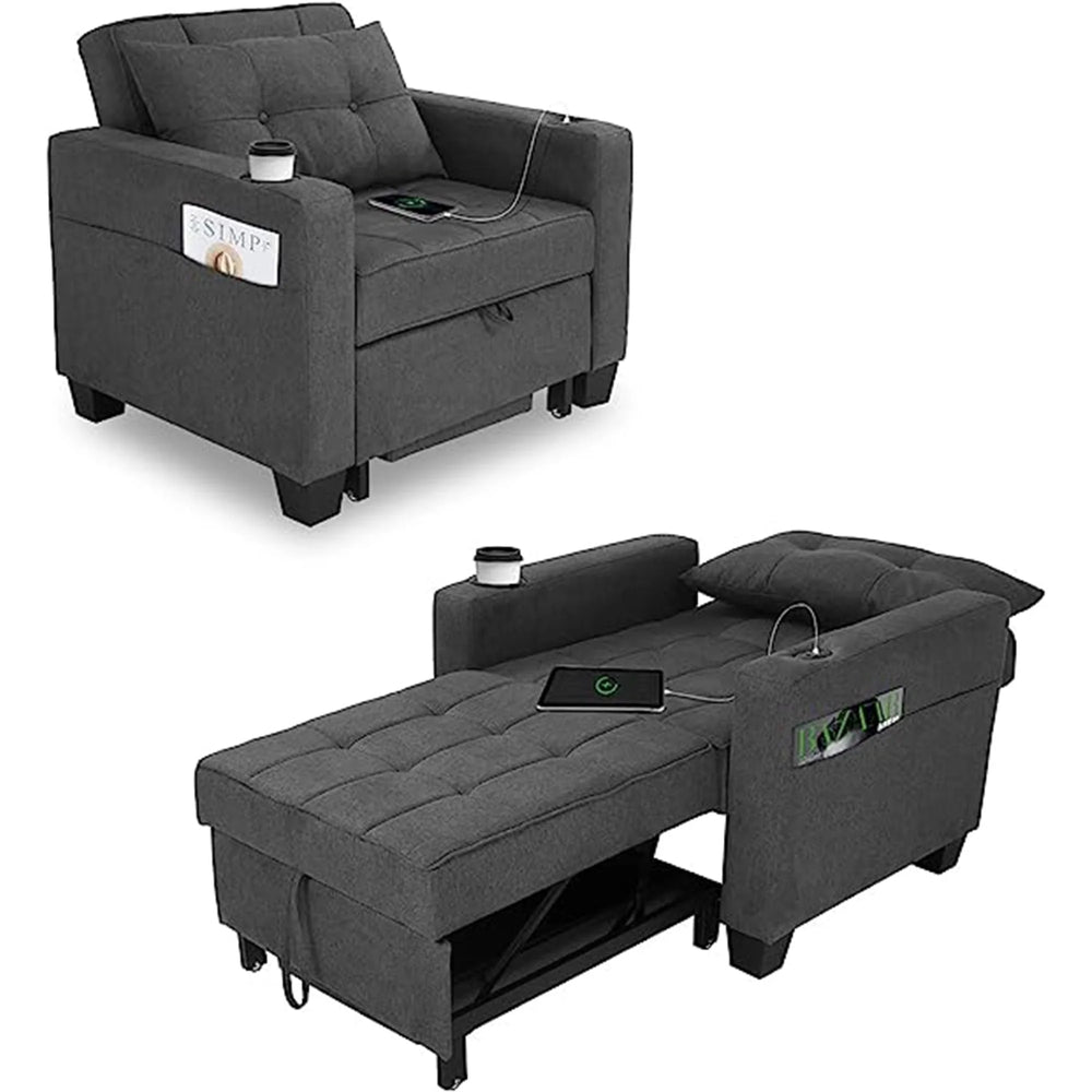 DURASPACE 3 in 1 Convertible Sleeper Chair Bed with Usb Port, Linen Pull Out Chair Indoor, Dark Gray