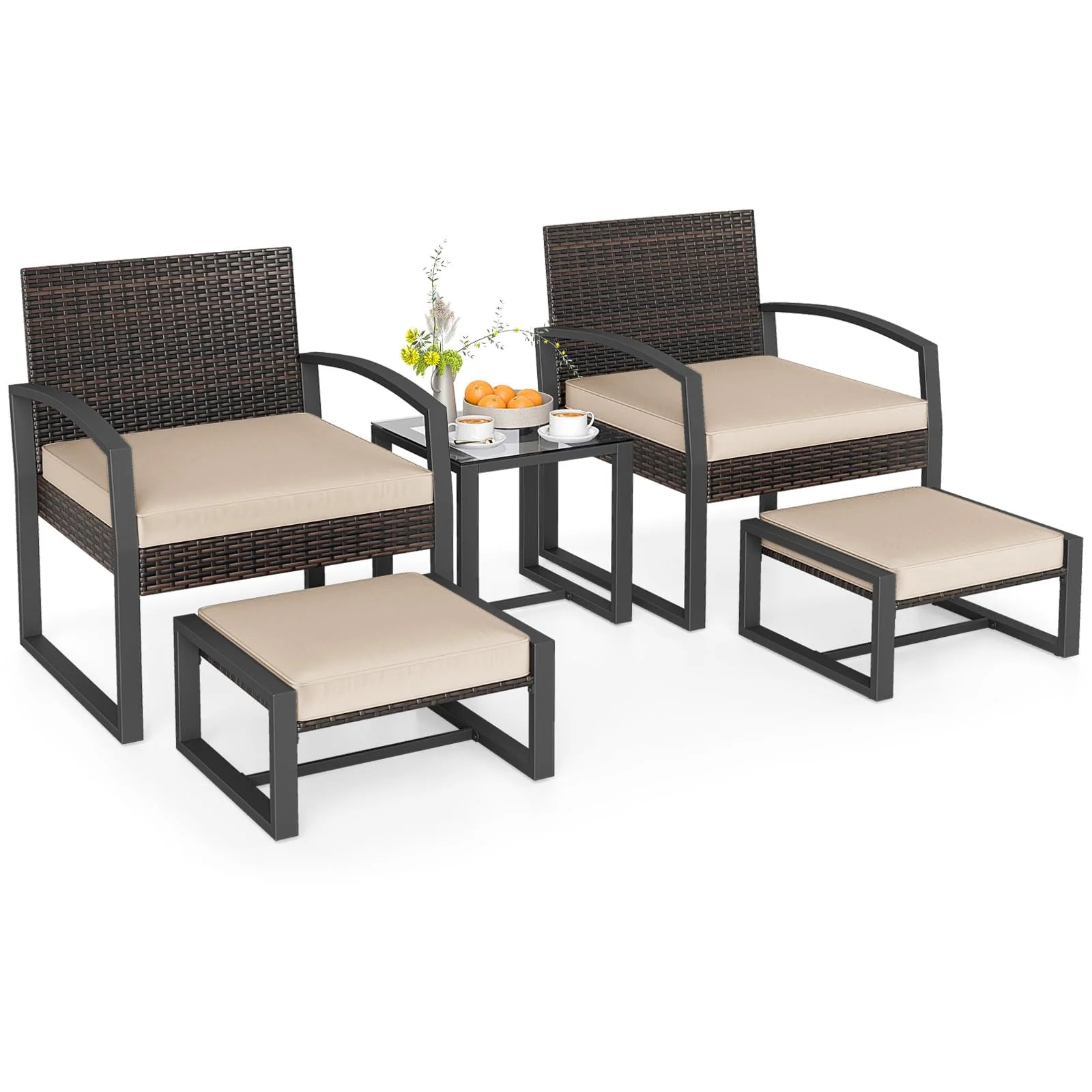 Tangkula 5 Pieces Wicker Patio Conversation Set 2-Person Small Balcony Furniture Seating Set