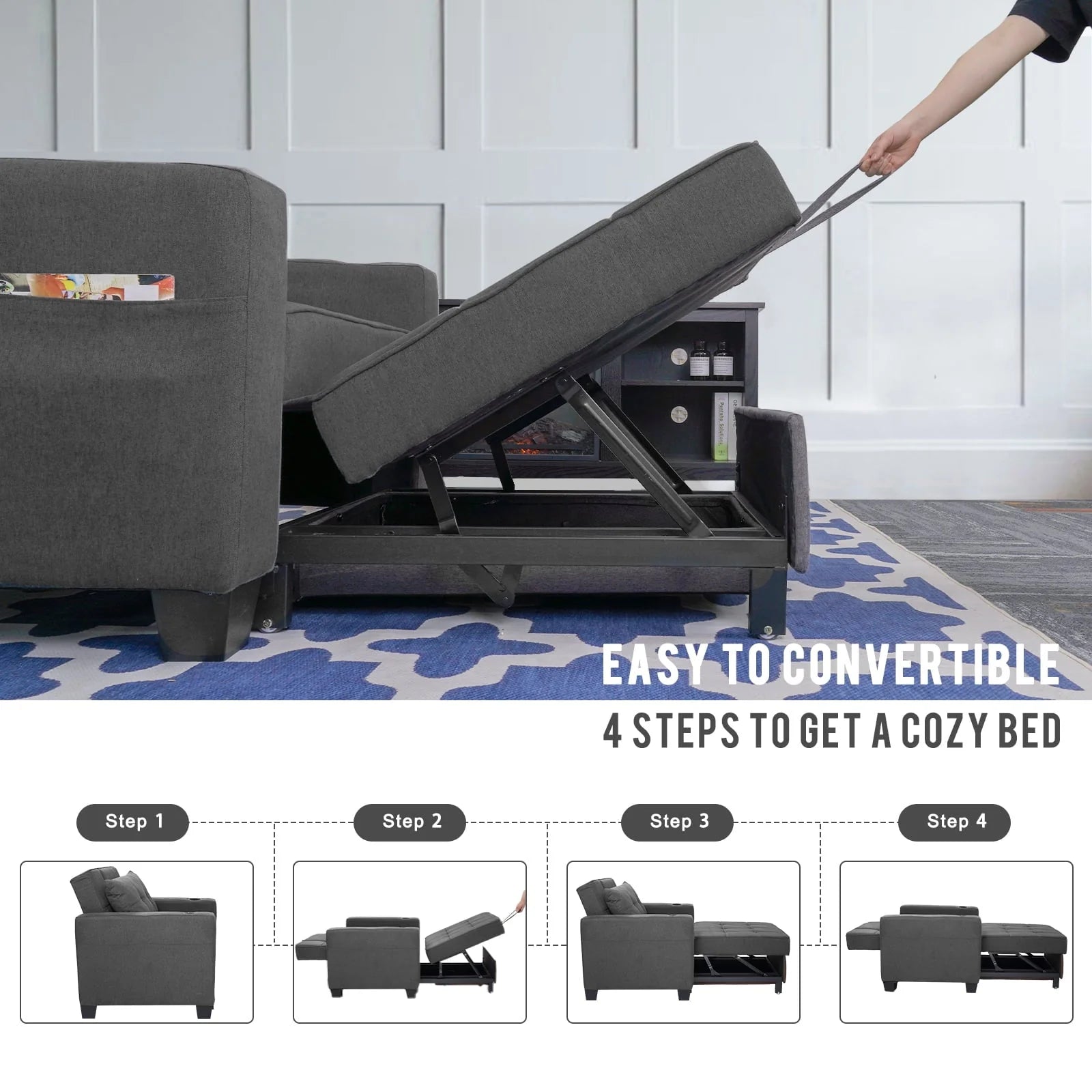 DURASPACE 3 in 1 Convertible Sleeper Chair Bed with Usb Port, Linen Pull Out Chair Indoor, Dark Gray