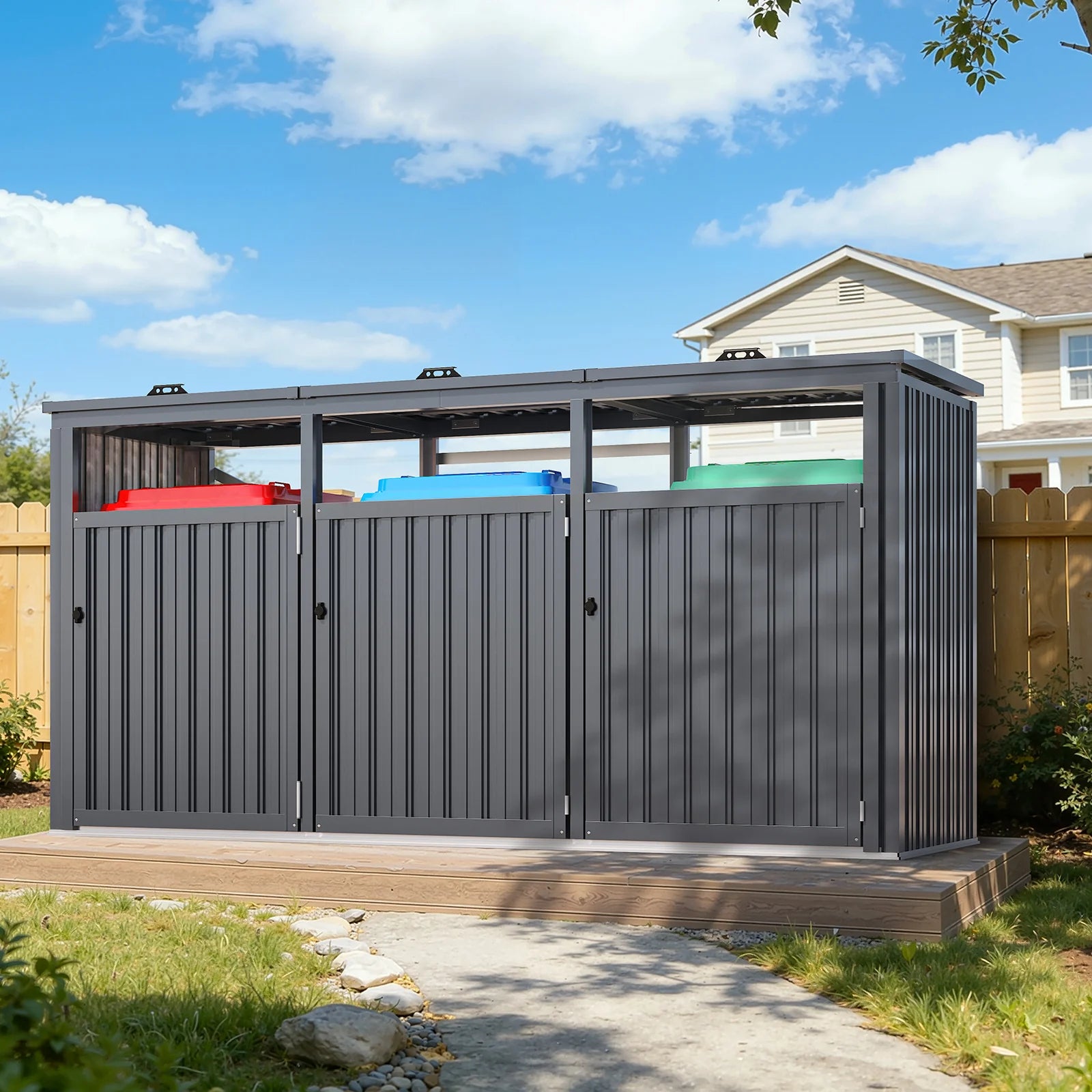 AECOJOY 73 Cu.Ft Outdoor Trash Can Storage Shed for 3 Garbage Cans