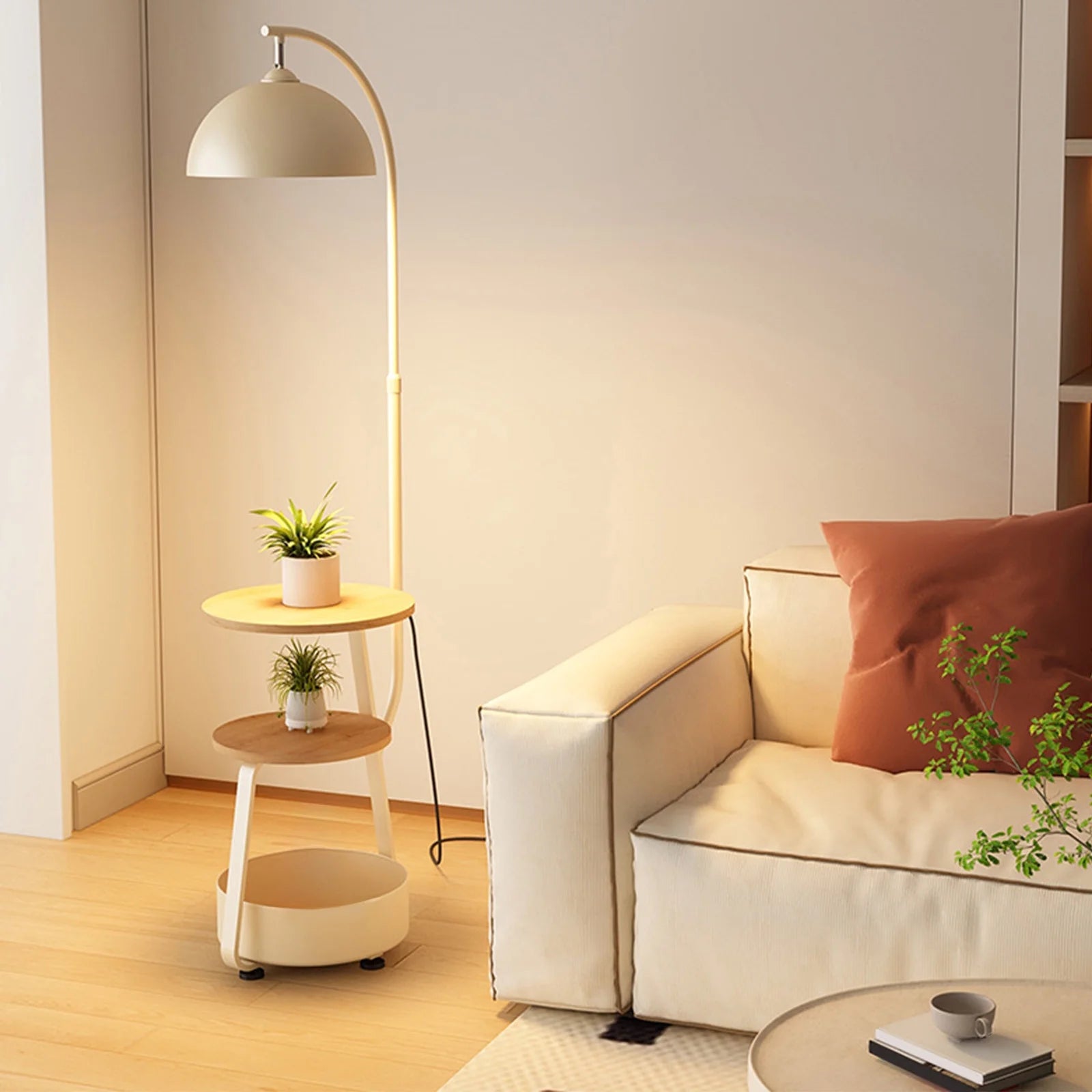FQNRM Upgraded Cream Style Living Room Sofa Corner Floor Lamp Bedroom Bedside Table Integrated Table Lamp Wireless Charging Storage Vertical Lamp U