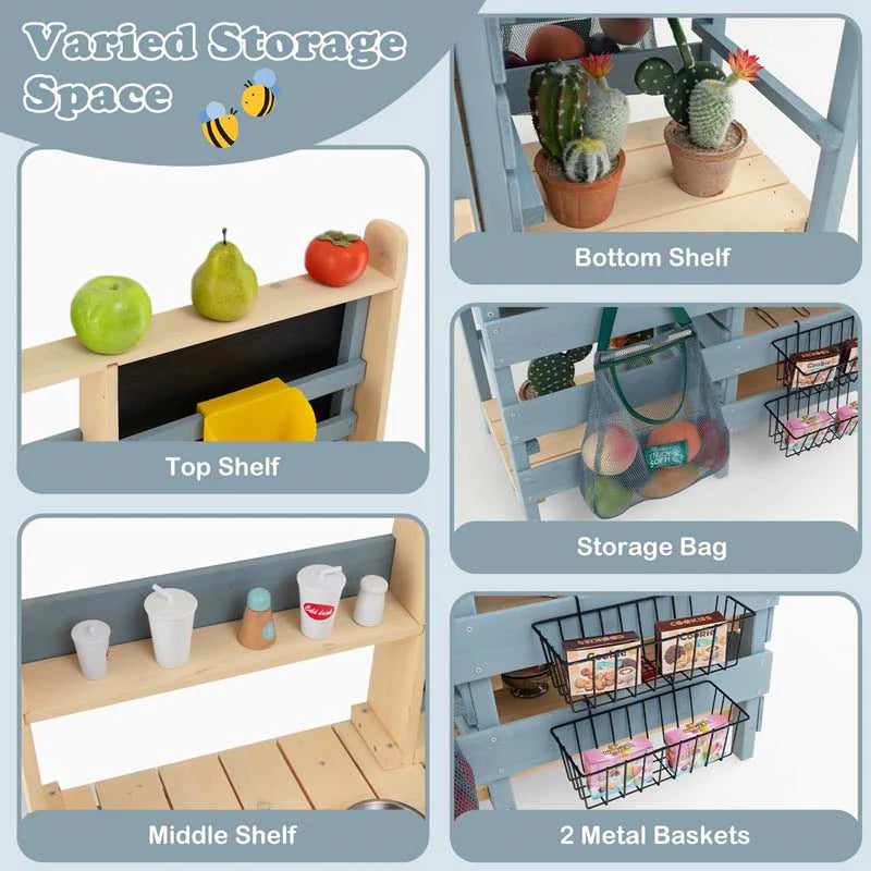 2-In-1 Kids Outdoor Mud Kitchen, Fir Wood Double Sided Kitchen Playset & Grocery Store with Faucet, Removable Sink, Blackboard, Storage Bag & Basket