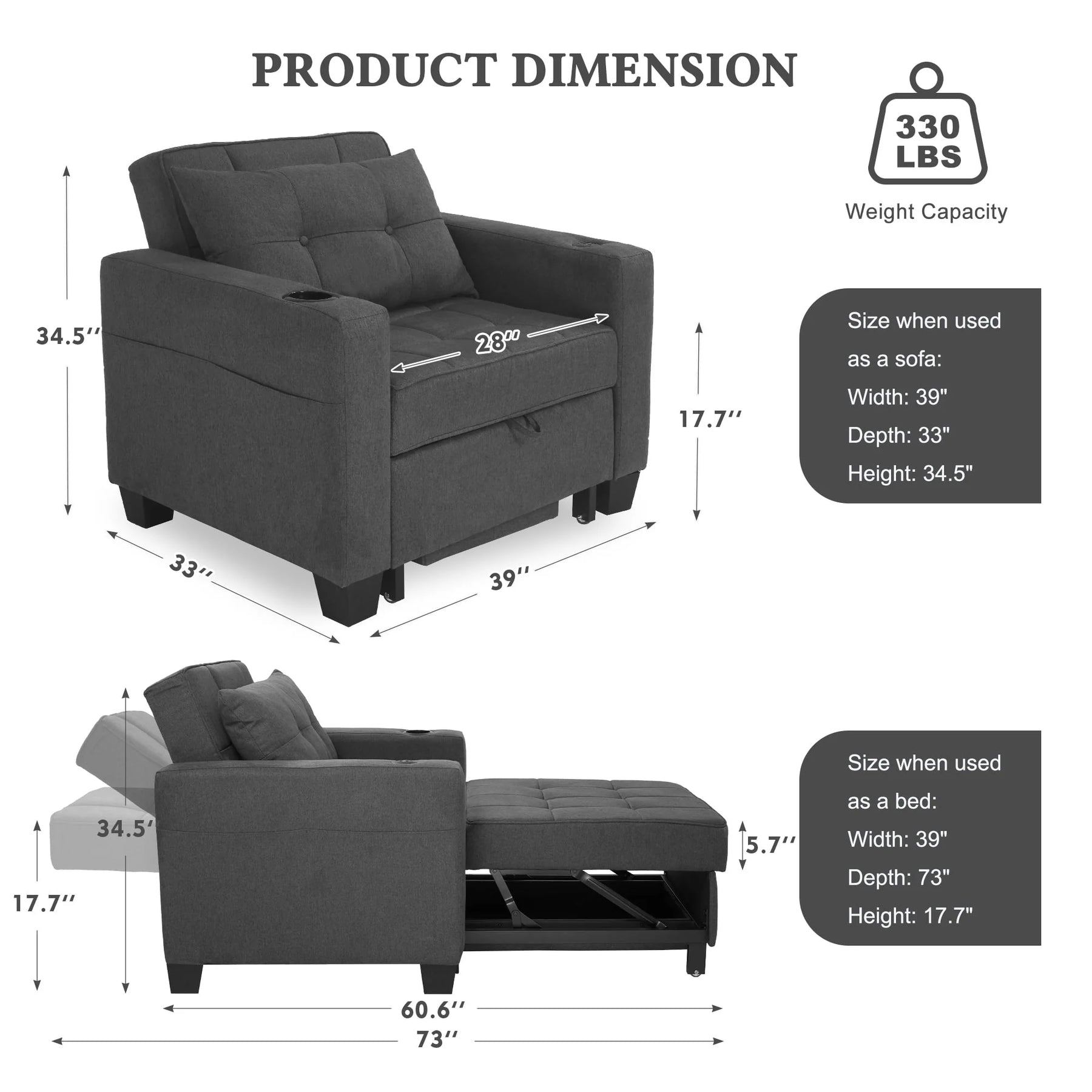 DURASPACE 3 in 1 Convertible Sleeper Chair Bed with Usb Port, Linen Pull Out Chair Indoor, Dark Gray