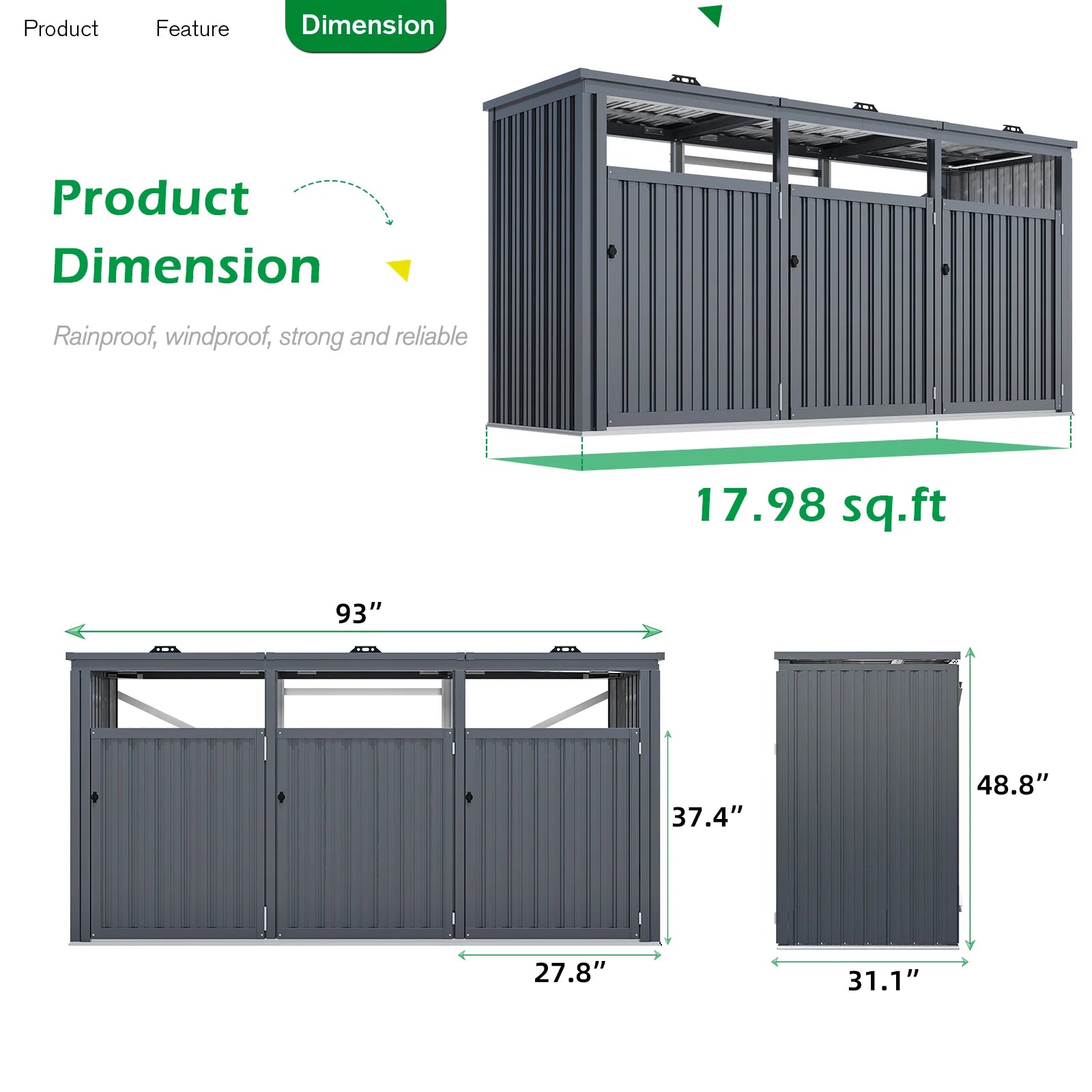 AECOJOY 73 Cu.Ft Outdoor Trash Can Storage Shed for 3 Garbage Cans