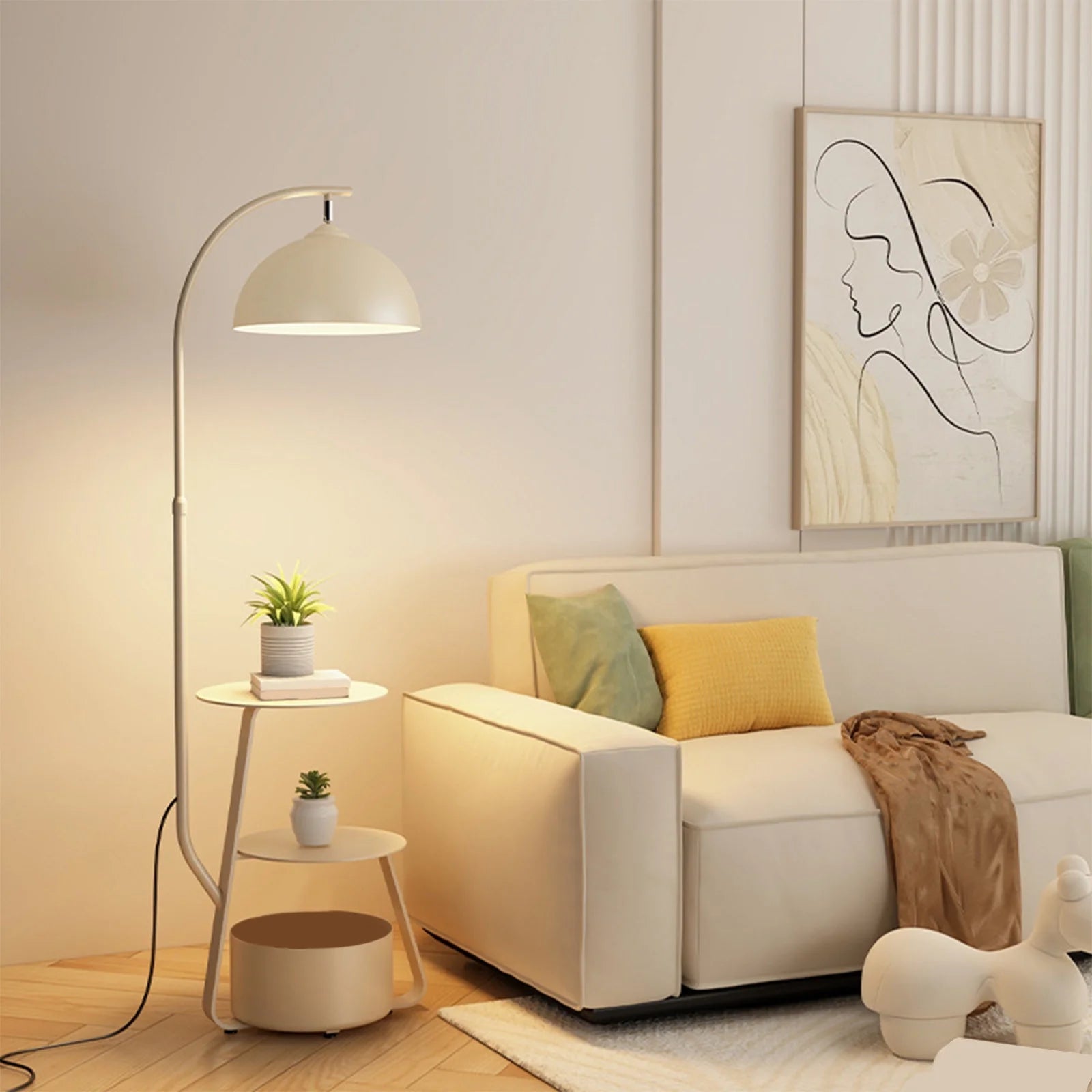 FQNRM Upgraded Cream Style Living Room Sofa Corner Floor Lamp Bedroom Bedside Table Integrated Table Lamp Wireless Charging Storage Vertical Lamp U
