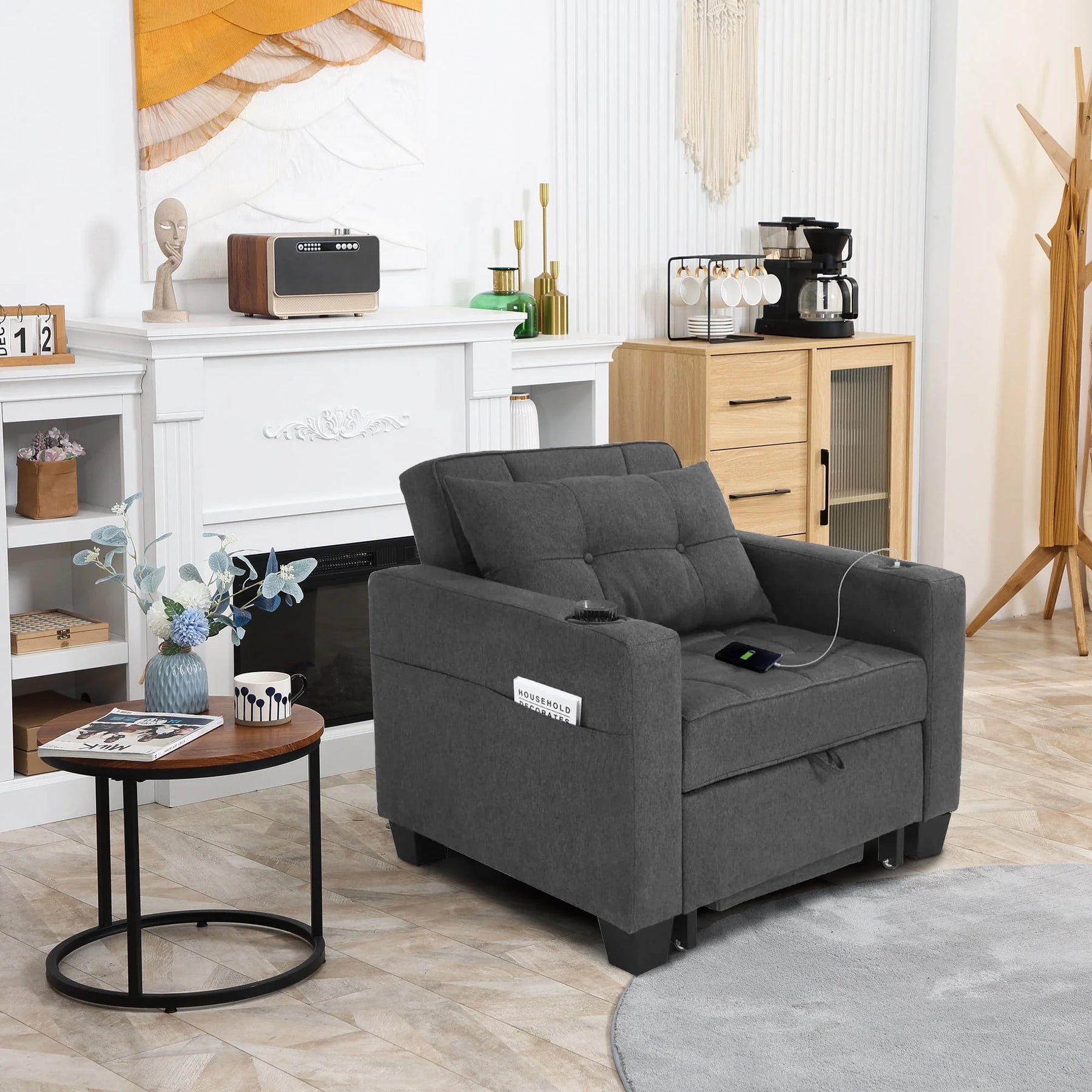 DURASPACE 3 in 1 Convertible Sleeper Chair Bed with Usb Port, Linen Pull Out Chair Indoor, Dark Gray